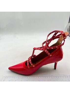 Pazzion Women's Closed Pointed Toe Mary Jane Kitten Heel Strappy Buckled Red